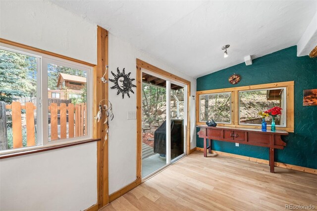 5732 Santa Clara Rd, Indian Hills, CO 80454 - entryway with wood finished floors and lofted ceiling