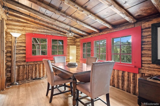 5732 Santa Clara Rd, Indian Hills, CO 80454 - dining room featuring a wooden ceiling with exposed beams, log walls, and wood finished floors