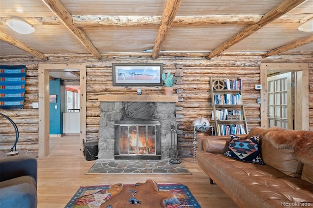 5732 Santa Clara Rd, Indian Hills, CO 80454 - living room featuring a wood ceiling with exposed beams, log walls, wood finished floors, and a fireplace
