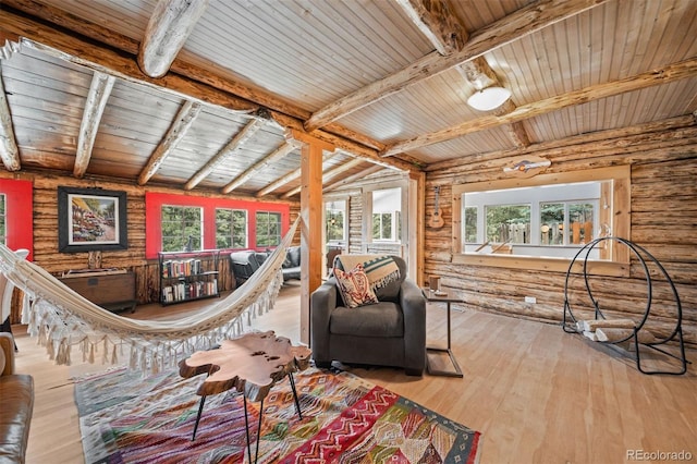 5732 Santa Clara Rd, Indian Hills, CO 80454 - living room with log walls, wood ceiling, and hardwood / wood-style flooring