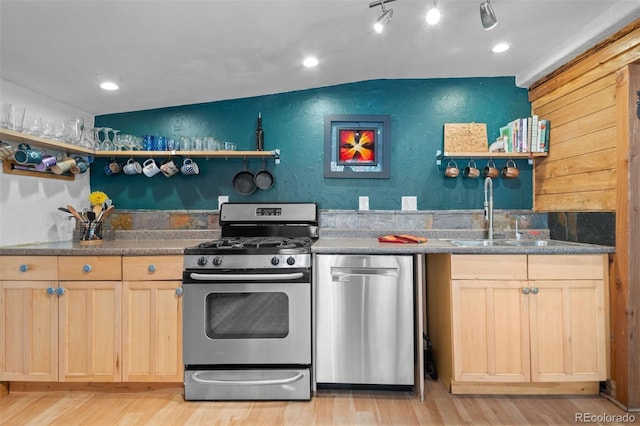 5732 Santa Clara Rd, Indian Hills, CO 80454 - kitchen with stainless steel appliances, light wood-style flooring, light brown cabinetry, recessed lighting, and open shelves
