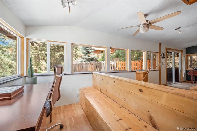 5732 Santa Clara Rd, Indian Hills, CO 80454 - office with lofted ceiling, a ceiling fan, and wood finished floors