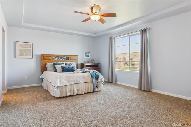 bedroom with a raised ceiling, carpet floors, and baseboards