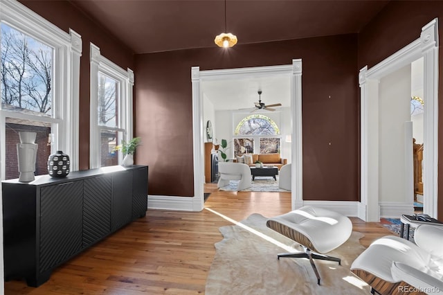 interior space with hardwood / wood-style floors and ceiling fan