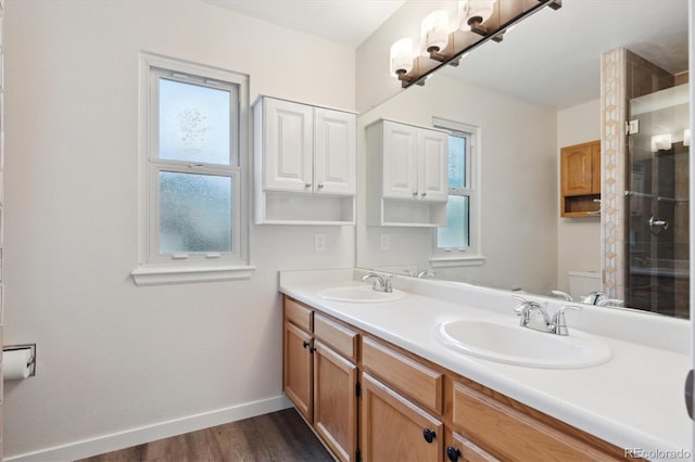 bathroom featuring vanity, hardwood / wood-style floors, and toilet