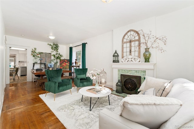 3016 N Franklin St, Denver, CO 80205 - living area featuring a tiled fireplace