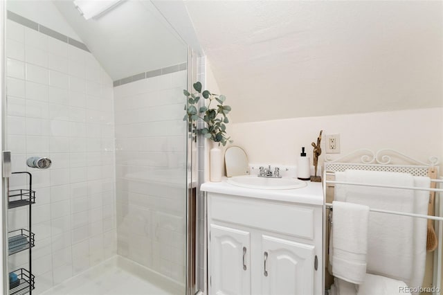 3016 N Franklin St, Denver, CO 80205 - bathroom featuring lofted ceiling, a stall shower, and vanity