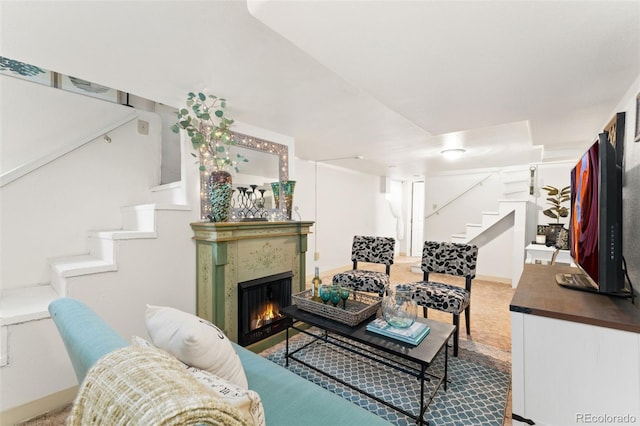 3016 N Franklin St, Denver, CO 80205 - carpeted living room featuring stairs and a lit fireplace