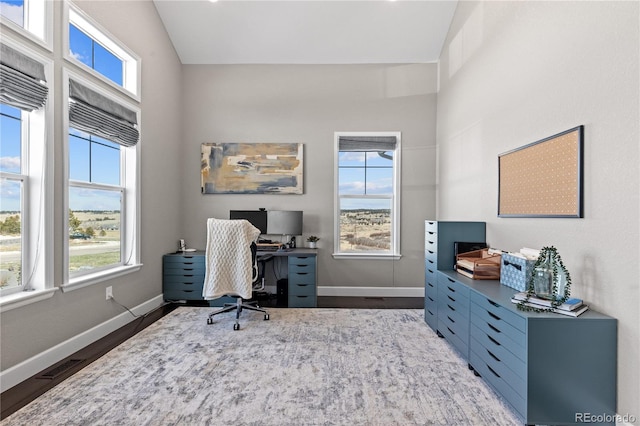 home office featuring hardwood / wood-style flooring and vaulted ceiling