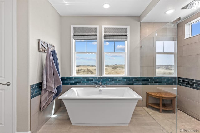 bathroom featuring tile floors, a washtub, and tile walls