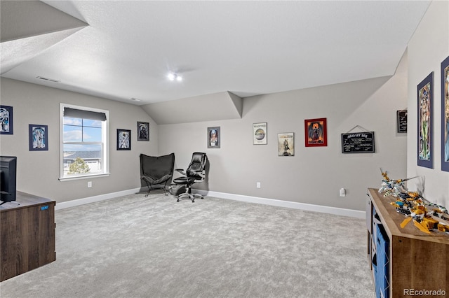 carpeted office space with lofted ceiling and a textured ceiling