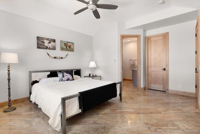 6170 Falcon Ridge Ln, Morrison, CO 80465 - bedroom featuring lofted ceiling, a ceiling fan, and ensuite bathroom