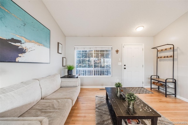 living room with wood-type flooring and a textured ceiling