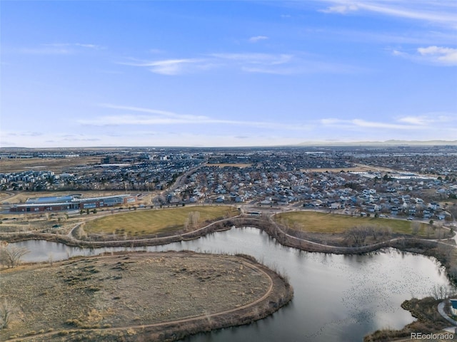 drone / aerial view featuring a water view