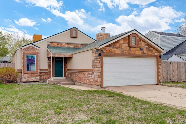 view of front of property with stone siding, a chimney, a garage, concrete driveway, and stucco siding