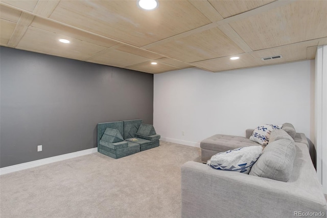 living room with carpet floors, recessed lighting, baseboards, and wood ceiling