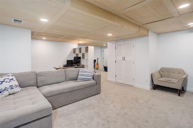 living area with carpet floors, recessed lighting, a desk, and baseboards