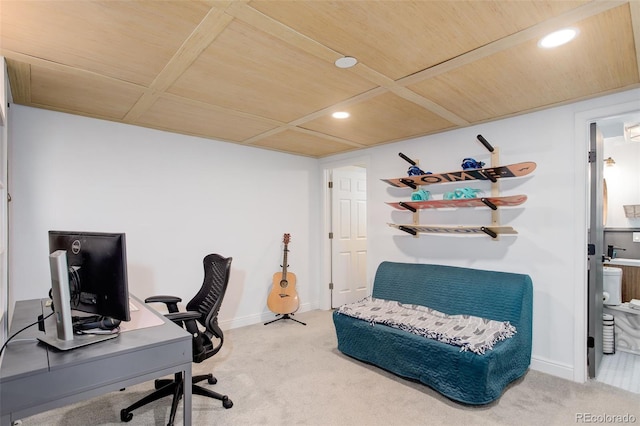 office area featuring wood ceiling, carpet, baseboards, and recessed lighting