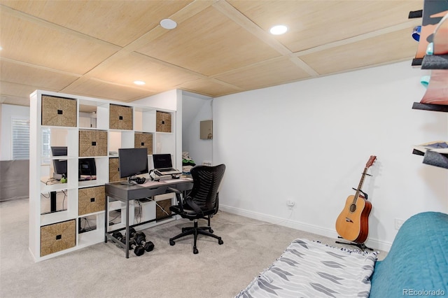carpeted home office with wood ceiling, baseboards, and recessed lighting