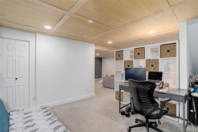carpeted office space with wooden ceiling, recessed lighting, and baseboards