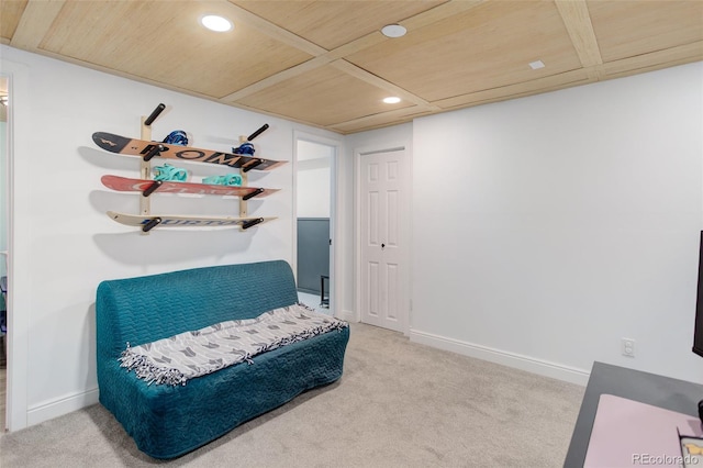 sitting room with wooden ceiling, carpet, baseboards, and recessed lighting