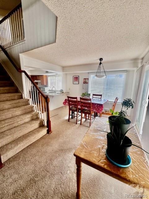 carpeted dining room with a textured ceiling