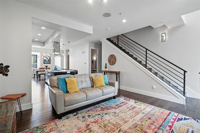 3444 Navajo St Unit 10, Denver, CO 80211 - living room featuring wood finished floors, baseboards, stairs, a chandelier, and recessed lighting