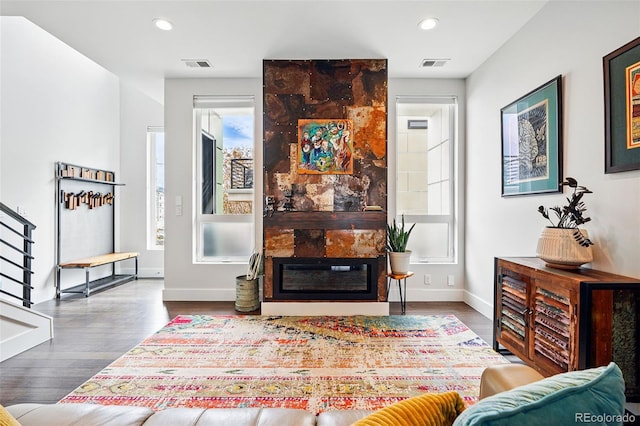 3444 Navajo St Unit 10, Denver, CO 80211 - living area featuring wood finished floors, recessed lighting, stairway, a large fireplace, and baseboards