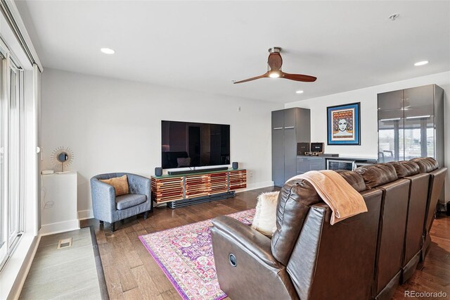 3444 Navajo St Unit 10, Denver, CO 80211 - living area with a ceiling fan, wood finished floors, recessed lighting, wine cooler, and baseboards