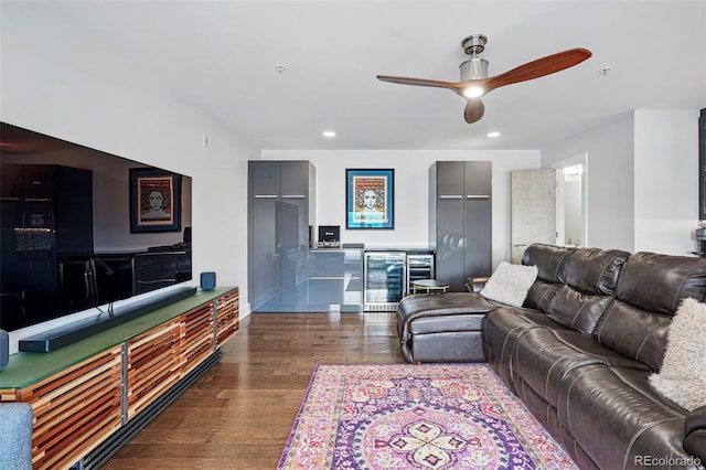 3444 Navajo St Unit 10, Denver, CO 80211 - living area with beverage cooler, wood finished floors, a ceiling fan, and recessed lighting