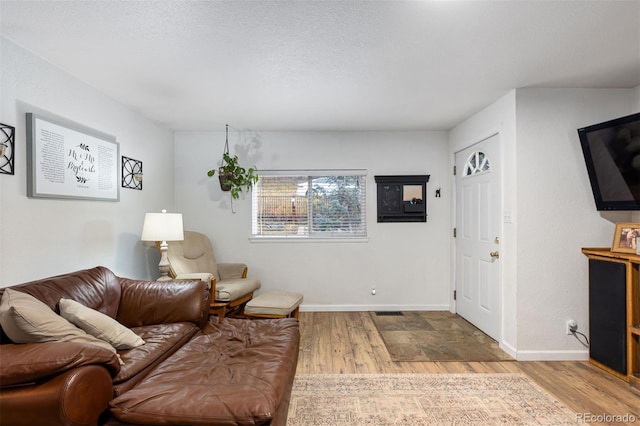 26095 Columbine Trl, Kittredge, CO 80457 - living area with a textured ceiling, baseboards, and wood finished floors