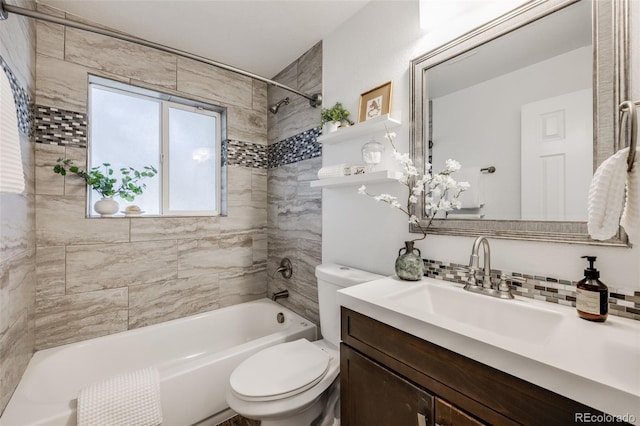 1765 Xenia St, Denver, CO 80220 - bathroom with toilet, vanity,  shower combination, and tasteful backsplash