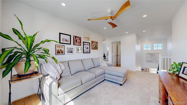 689 Olive St, Broomfield, CO 80023 - living room with baseboards, recessed lighting, visible vents, ceiling fan, and light colored carpet