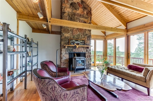 8834 Deiffendeffer Rd, Rye, CO 81069 - living room with healthy amount of natural light, wood finished floors, a wood stove, and wooden ceiling
