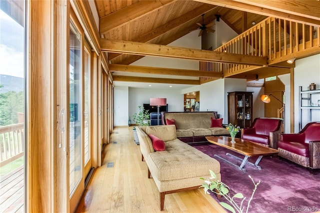 8834 Deiffendeffer Rd, Rye, CO 81069 - living area with beamed ceiling, wood finished floors, ceiling fan, and high vaulted ceiling