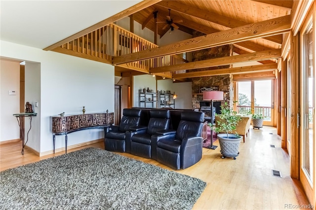 8834 Deiffendeffer Rd, Rye, CO 81069 - cinema featuring wood finished floors, ceiling fan, and a fireplace