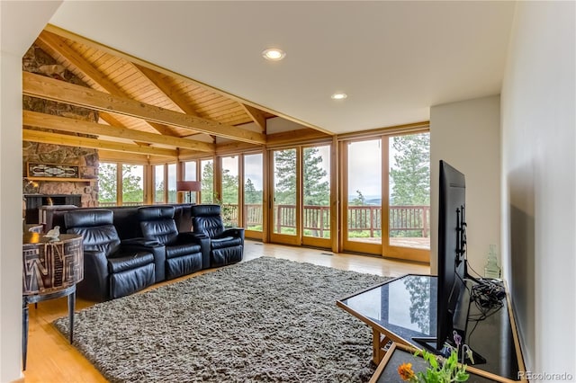8834 Deiffendeffer Rd, Rye, CO 81069 - living room with healthy amount of natural light, wood finished floors, wood ceiling, a fireplace, and recessed lighting