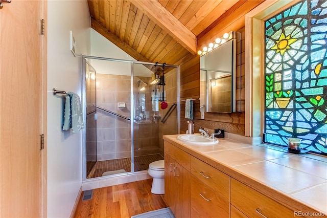 8834 Deiffendeffer Rd, Rye, CO 81069 - bathroom with wooden ceiling, vanity, a shower stall, healthy amount of natural light, and wood finished floors