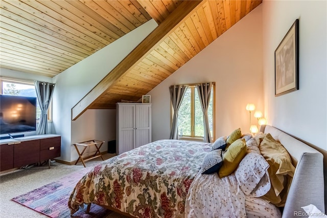 8834 Deiffendeffer Rd, Rye, CO 81069 - bedroom featuring multiple windows, carpet floors, vaulted ceiling, and wood ceiling