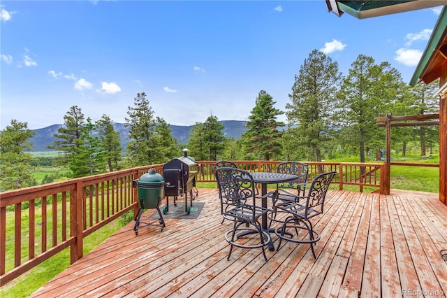 8834 Deiffendeffer Rd, Rye, CO 81069 - wooden terrace featuring a mountain view, outdoor dining area, and area for grilling