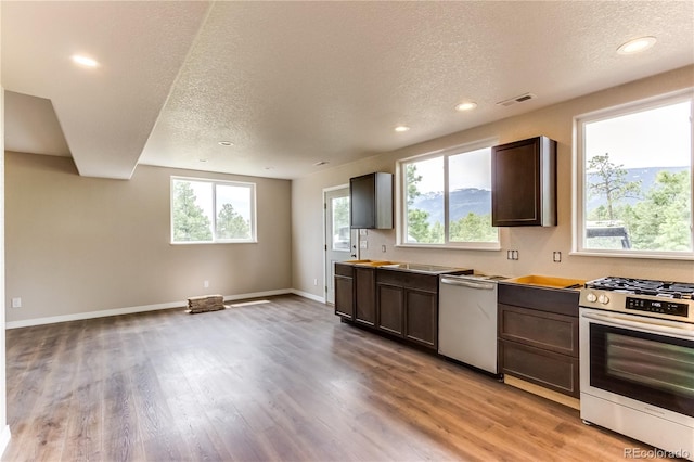 8834 Deiffendeffer Rd, Rye, CO 81069 - kitchen featuring appliances with stainless steel finishes, a textured ceiling, recessed lighting, light wood-style flooring, and dark brown cabinetry