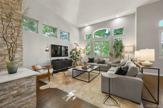 10793 Alcott Way, Denver, CO 80234 - living room featuring a towering ceiling, wood finished floors, and recessed lighting