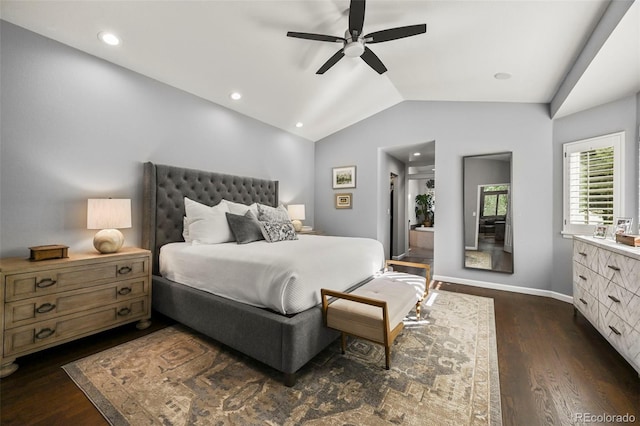 10793 Alcott Way, Denver, CO 80234 - bedroom featuring vaulted ceiling, dark wood-style flooring, and a ceiling fan