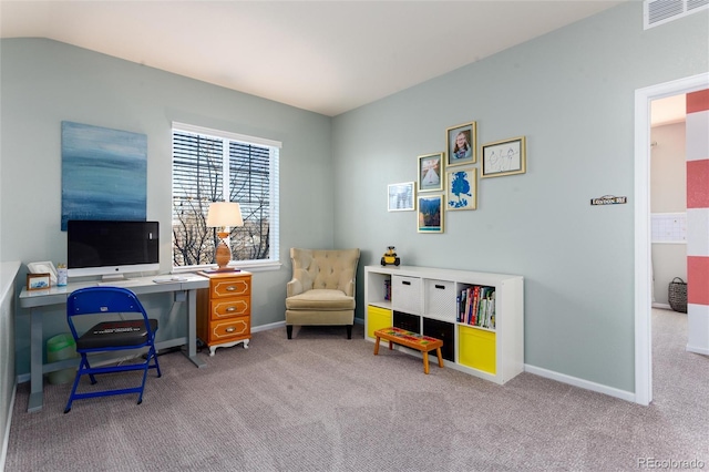 office area with vaulted ceiling, carpet, visible vents, and baseboards