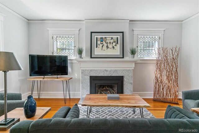 living area with baseboards, ornamental molding, a fireplace, and wood finished floors