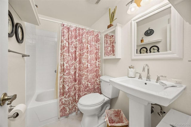2871 Humboldt Cir, Longmont, CO 80503 - bathroom with shower / tub combo with curtain and tile patterned flooring