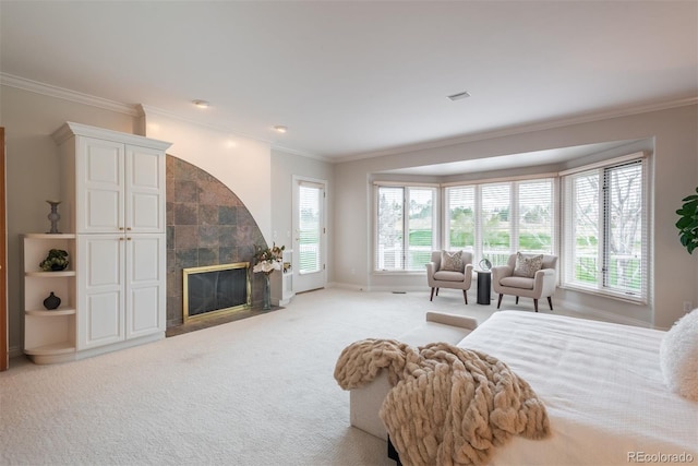 101 Glenmoor Ln, Cherry Hills Village, CO 80113 - bedroom with ornamental molding, multiple windows, light colored carpet, and a tile fireplace