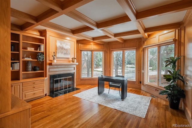 101 Glenmoor Ln, Cherry Hills Village, CO 80113 - office with a high end fireplace, beamed ceiling, plenty of natural light, light wood finished floors, and coffered ceiling