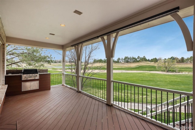 101 Glenmoor Ln, Cherry Hills Village, CO 80113 - deck featuring exterior kitchen, golf course view, and a yard