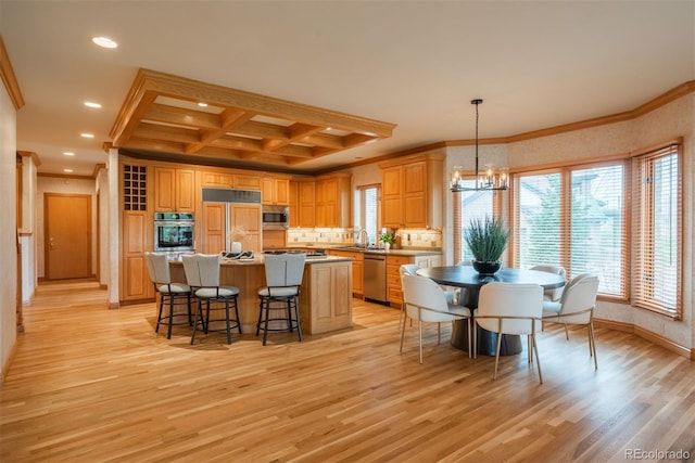 101 Glenmoor Ln, Cherry Hills Village, CO 80113 - kitchen with appliances with stainless steel finishes, recessed lighting, crown molding, coffered ceiling, and light wood-style flooring